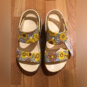 CROCS Floral Strap Sandals in Yellow, Blue & Cream